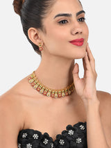 Women's Dazzling Pink Green Stones Embellished Floral Design Necklace & Earring Set-ZPFK8991