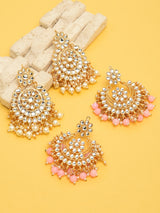 Women's Gold Tone Dazzling Kundan Pearls Traditional Chandbali Earrings - Set of 2