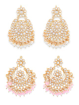 Women's Gold Tone Dazzling Kundan Pearls Traditional Chandbali Earrings - Set of 2