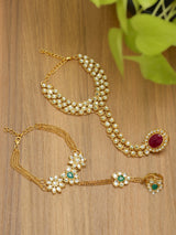 Women's Combo of 2 Pink and Green Stones Embellished Dazzling Kundan Ring Bracelets-ZPFK9048