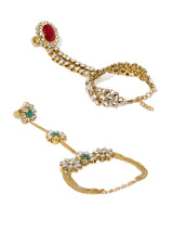 Women's Combo of 2 Pink and Green Stones Embellished Dazzling Kundan Ring Bracelets-ZPFK9048
