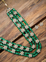 Women's Green Beads and Floral Kundan Necklace Set
