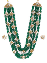 Women's Green Beads and Floral Kundan Necklace Set