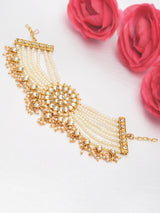 Women's Gold Tone Dazzling Kundan Multistrand Pearls Embellished Traditional Statement Bracelet-ZPFK9167