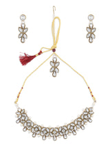 Women's Antique Gold Tone Dazzling Stones Pearls Choker Necklace Earring & Maangtikka Set-ZPFK9365