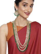 Women's Kundan & Dangling Green Beads Multi Layered Necklace & Earring Set-ZPFK9418