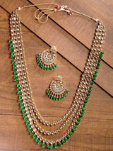 Women's Kundan & Dangling Green Beads Multi Layered Necklace & Earring Set-ZPFK9418