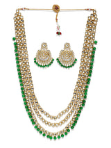 Women's Kundan & Dangling Green Beads Multi Layered Necklace & Earring Set-ZPFK9418