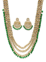Women's Kundan & Dangling Green Beads Multi Layered Necklace & Earring Set-ZPFK9418
