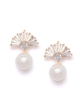 Women's Rose Gold Baguette Diamonds & Pearl Embellished Contemporary Brass Stud Earring-ZPFK9455
