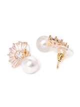Women's Rose Gold Baguette Diamonds & Pearl Embellished Contemporary Brass Stud Earring-ZPFK9455