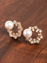 Women's Gold Tone Floral Cubic Zirconia and Pearl Contemporary Brass Stud Earring