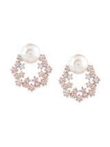 Women's Gold Tone Floral Cubic Zirconia and Pearl Contemporary Brass Stud Earring