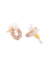 Women's Gold Tone Floral Cubic Zirconia and Pearl Contemporary Brass Stud Earring
