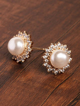 Women's Rose Gold Tone Sparkling Cubic Zirconia and Pearl Stud Earring