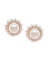 Women's Rose Gold Tone Sparkling Cubic Zirconia and Pearl Stud Earring
