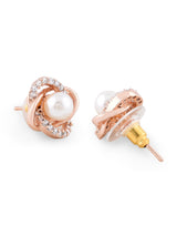 Women's Rose Gold Tone Cubic Zirconia & Pearl Contemporary Brass Stud Earring-ZPFK9460