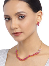 Women's Pink Floral Cubic Zirconia Contemporary Brass Necklace & Earring Set-ZPFK9508