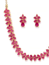 Women's Pink Floral Cubic Zirconia Contemporary Brass Necklace & Earring Set-ZPFK9508