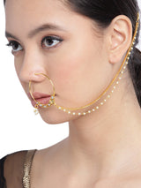 Women's Combo of 2 Gold Tone kundan With Chain Link Bridal Hoop Nose Ring-ZPFK9587