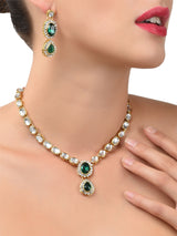 Women's Gold Tone Kundan and Green Stones Wedding Collection Necklace with Earring Set