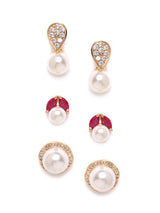 Women's Rose Gold Tone Cubic Zirconia and Pearls Contemporary Stud Earrings - Pack of 3