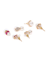 Women's Rose Gold Tone Cubic Zirconia and Pearls Contemporary Stud Earrings - Pack of 3