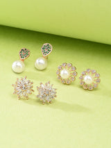 Women's Cubic Zirconia Diamonds and Pearls Contemporary Stud Earrings - Pack of 3