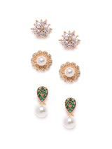 Women's Cubic Zirconia Diamonds and Pearls Contemporary Stud Earrings - Pack of 3