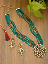 Women's Crystal Shine Multistrand Green Beads Ethnic Kundan Necklace & Earring Set-ZPFK9786