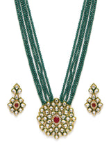 Women's Crystal Shine Multistrand Green Beads Ethnic Kundan Necklace & Earring Set-ZPFK9786