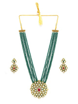 Women's Crystal Shine Multistrand Green Beads Ethnic Kundan Necklace & Earring Set-ZPFK9786