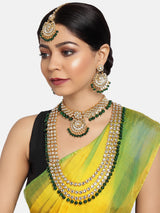 Women's Green Beads Bridal Kundan Choker and Long Necklace with Earring and Maangtikka Set