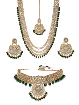 Women's Green Beads Bridal Kundan Choker and Long Necklace with Earring and Maangtikka Set