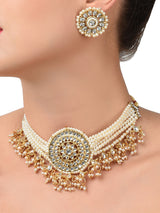 Women's Gold Tone Kundan and Multistrand Pearls Choker Necklace with Earring Set