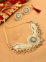 Women's Gold Tone Kundan and Multistrand Pearls Choker Necklace with Earring Set