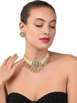 Women's Gold Tone Kundan and Multistrand Pearls Choker Necklace with Earring Set