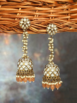 Women's Antique Gold Tone Kundan and Peach Beads Ethnic Jhumki Earring
