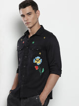 Men's Black Casual Regular Fit Floral Full Sleeves Shirt