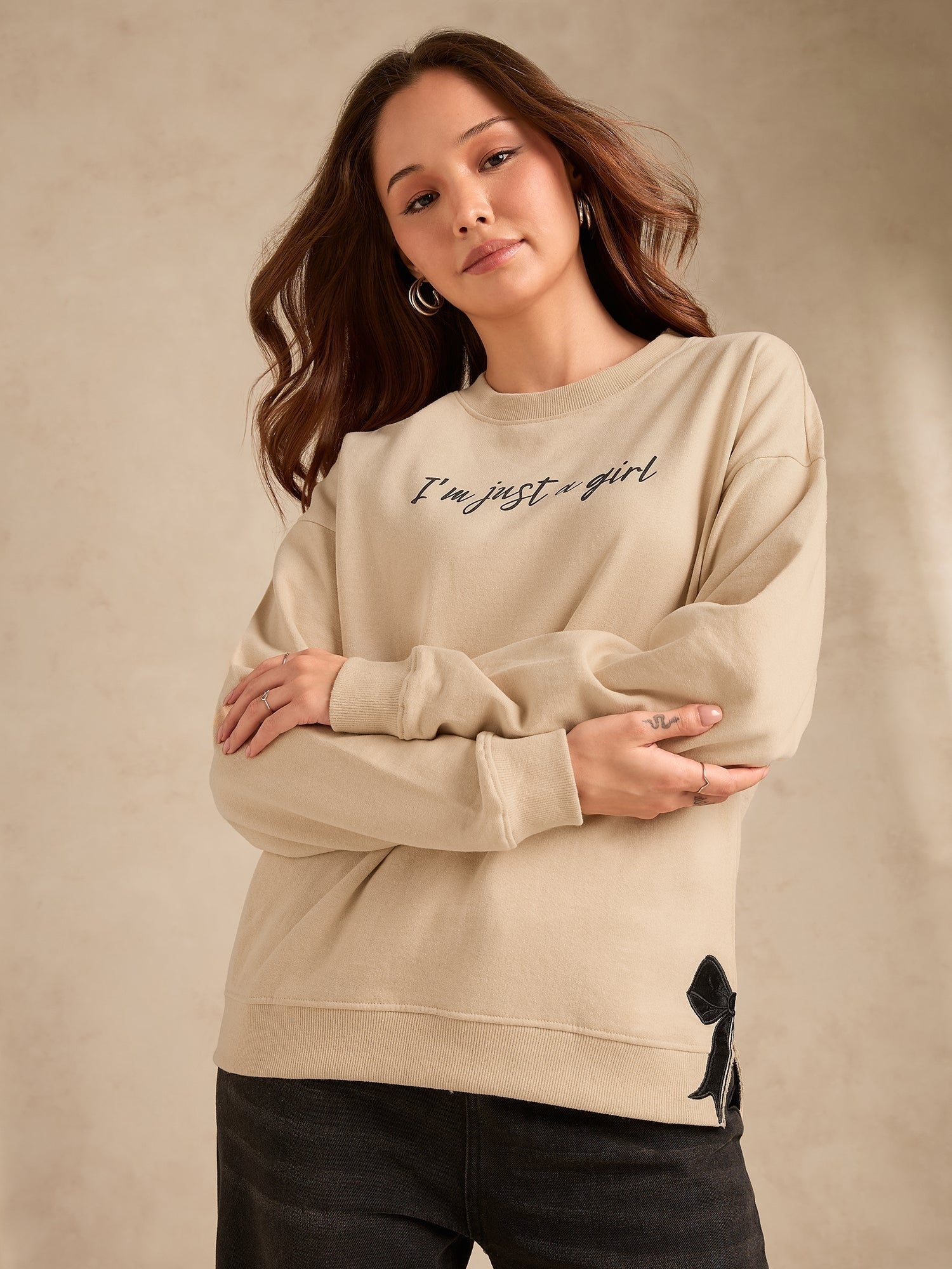 Women's Beige Typographic Bow Sweatshirt