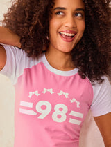 Women's Pink Raglan Cropped Top With Graphic Print
