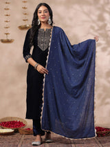 Women's Ethnic Velvet Navy Straight Kurta Set with Dupatta