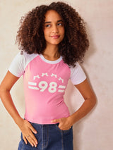 Women's Pink Raglan Cropped Top With Graphic Print