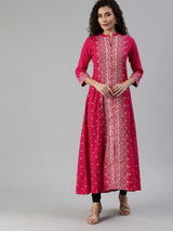 Women's Pink White Printed A-Line Kurta with Mirror Work