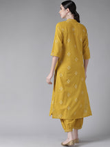 Women's Mustard Yellow Ethnic Motifs Embroidered Mirror Work Pure Cotton Kurta with Salwar