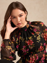 Women's Black Party Floral Full Sleeves Top