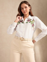 Women's Off White Casual Self-Design Full Sleeves Shirt