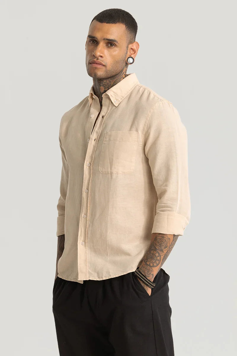 Men's Beige Casual Slim Fit Solid Full Sleeves Shirt