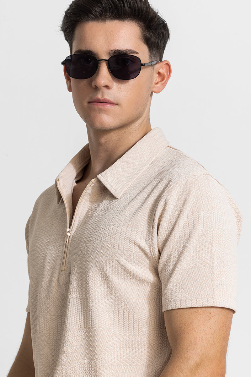 Men's Beige Casual Slim Fit Printed Half Sleeves Polo Tshirt