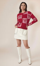 Women's Red Colour Blocked Check With Graphic Bows Cardigan